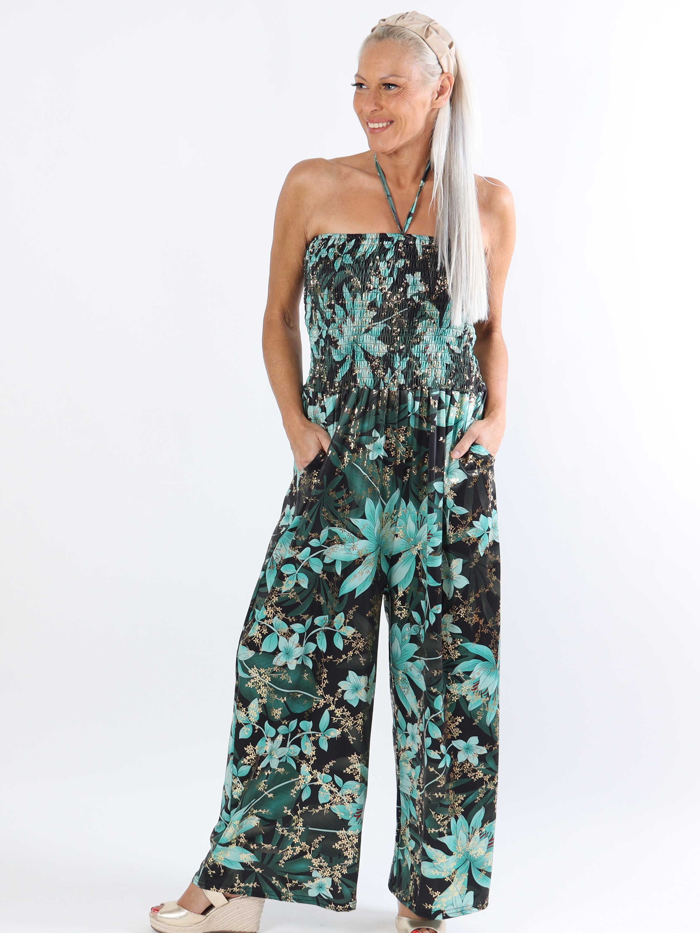 Pams Tube Jumpsuit - Elastisk plus size buksedragt med smock ved brystet